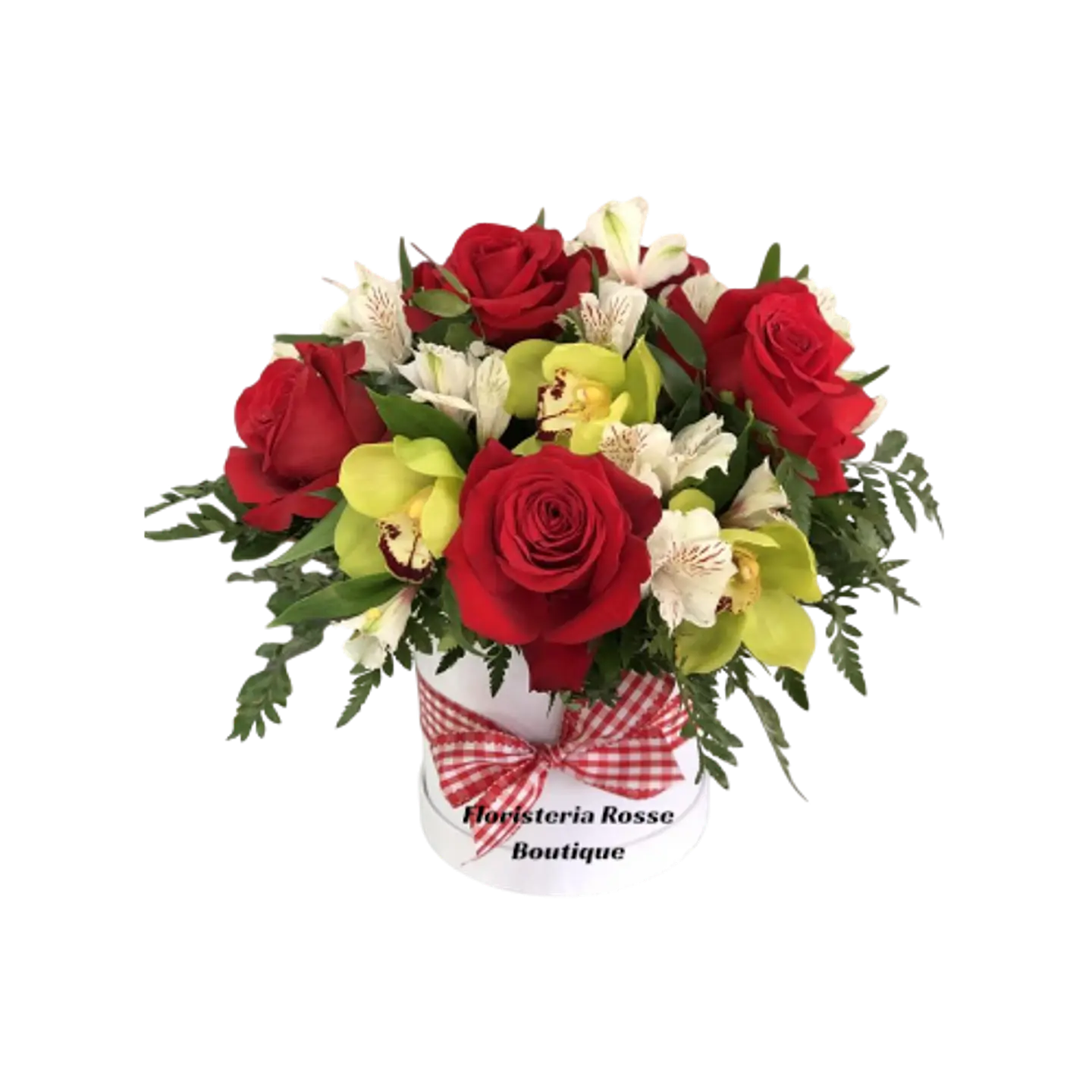 Caja de 8 Rosas y 5 Tallos de Orquídea Cymbidium 1
