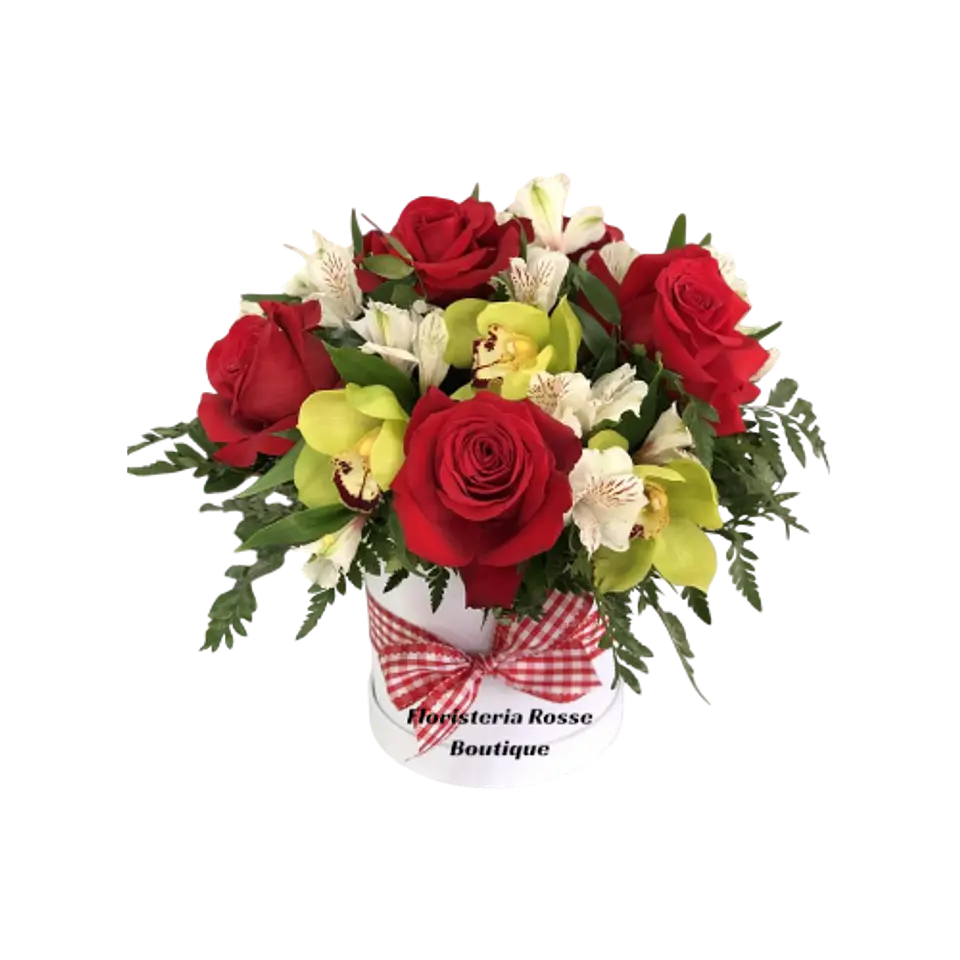 Caja de 8 Rosas y 5 Tallos de Orquídea Cymbidium 1