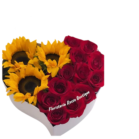 Caja Corazón de 12 Rosas Rojas y 3 Girasoles