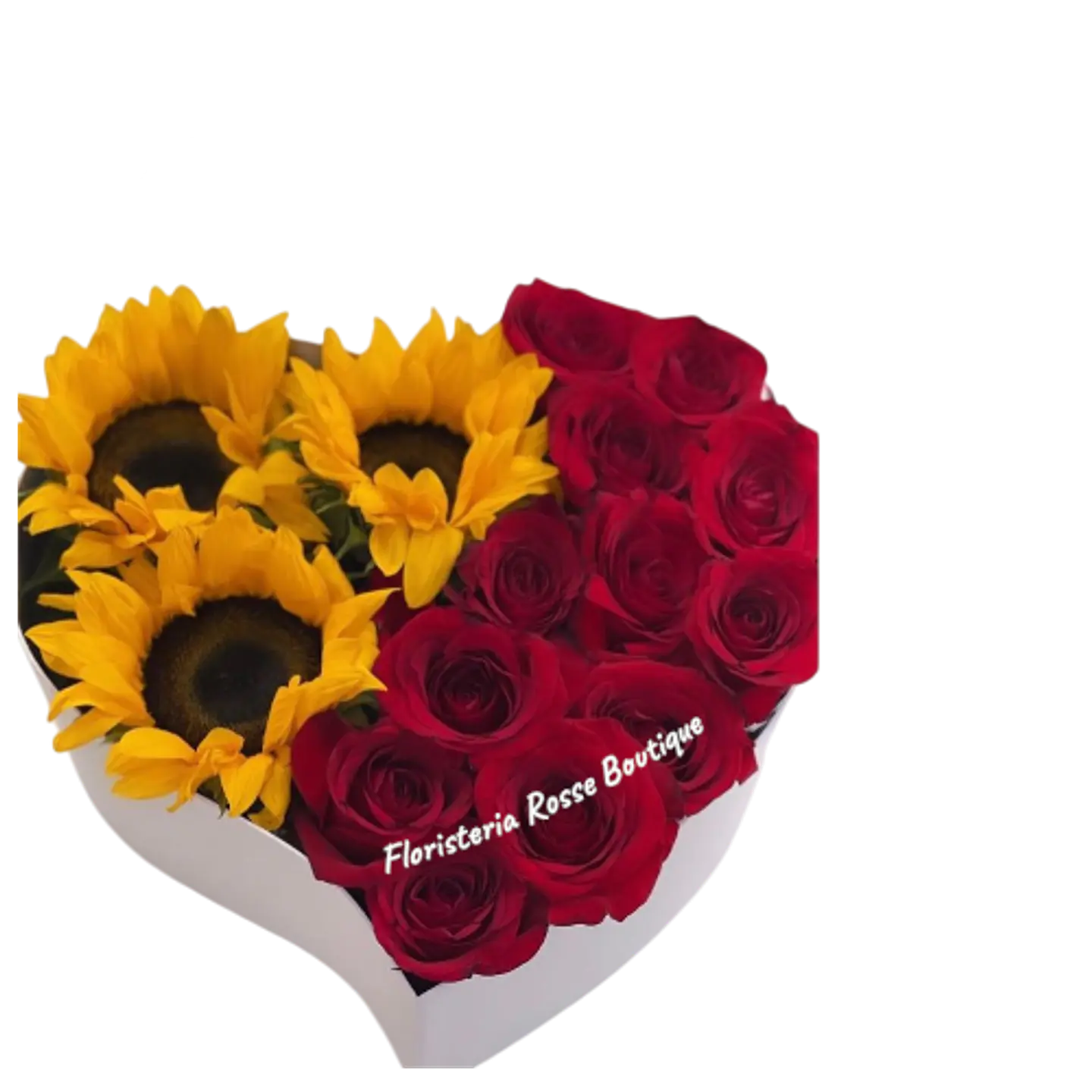 Caja Corazón de 12 Rosas Rojas y 3 Girasoles 1