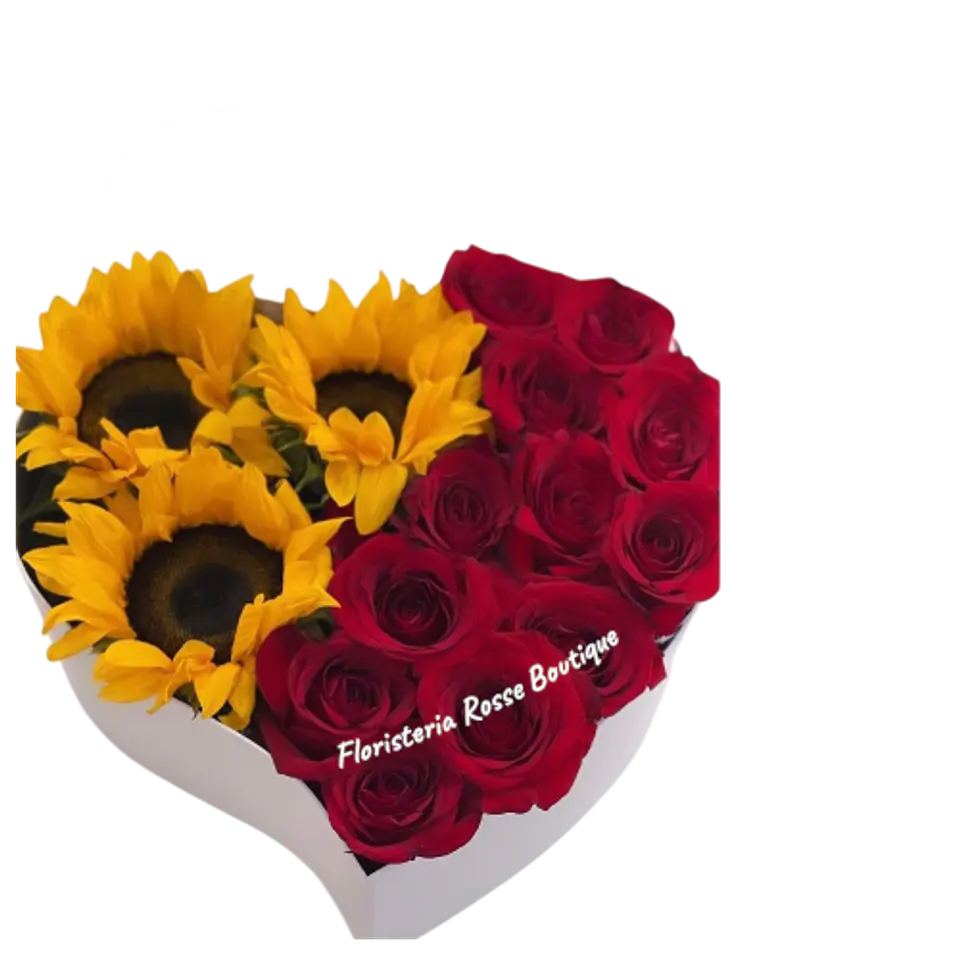Caja Corazón de 12 Rosas Rojas y 3 Girasoles 1