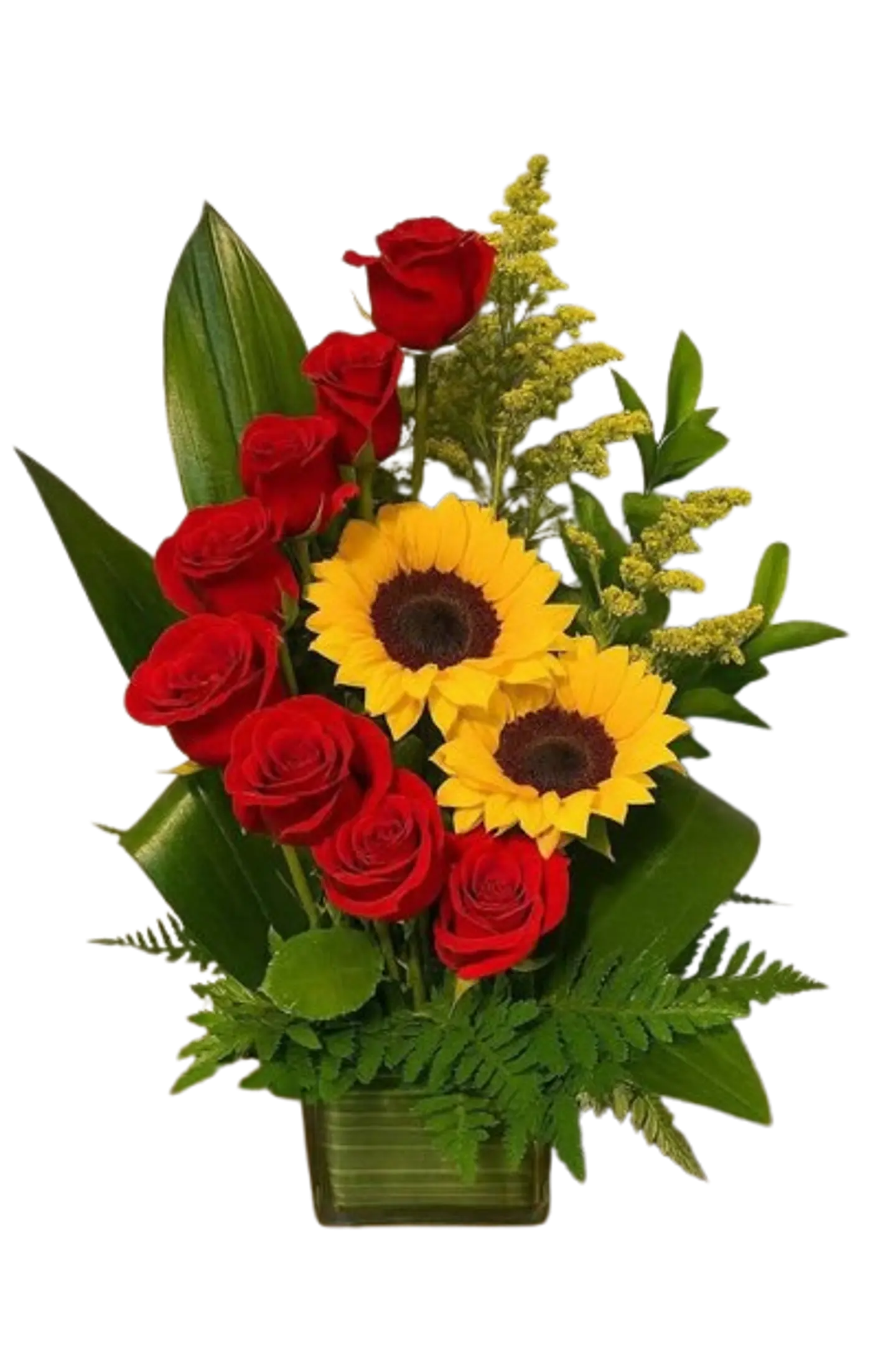 Arreglo de 8 Rosas Rojas y Dos Girasoles 1