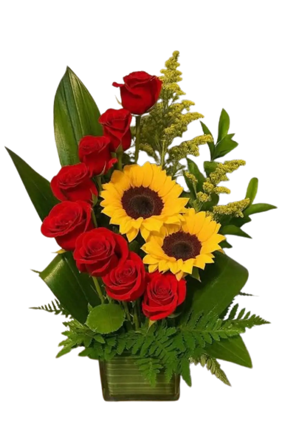 Arreglo de 8 Rosas Rojas y Dos Girasoles 1