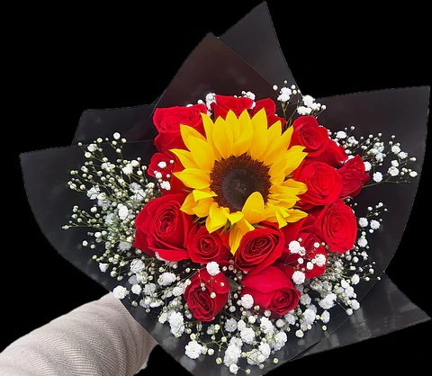 Bouquet de un Girasol y 15 Rosas Rojas