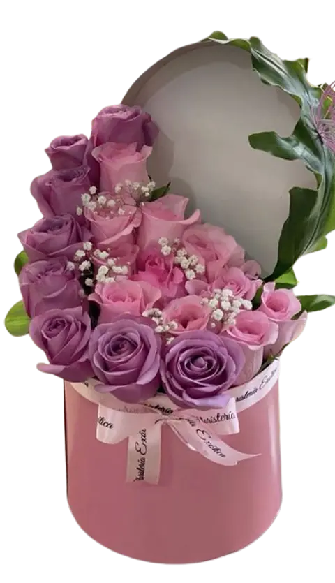Caja de Rosas Moradas y Rosadas