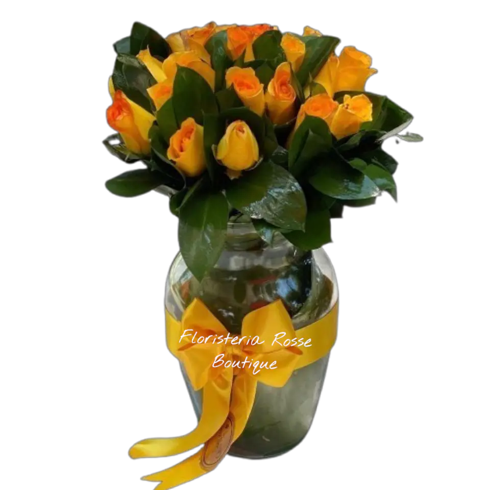 Jarrón de 24 Rosas Naranjas y Rusco 1