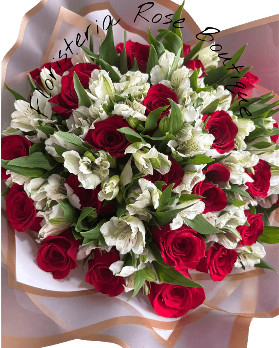 Bouquet de 24 Rosas Rojas con 20 Astromelias Blanca 1