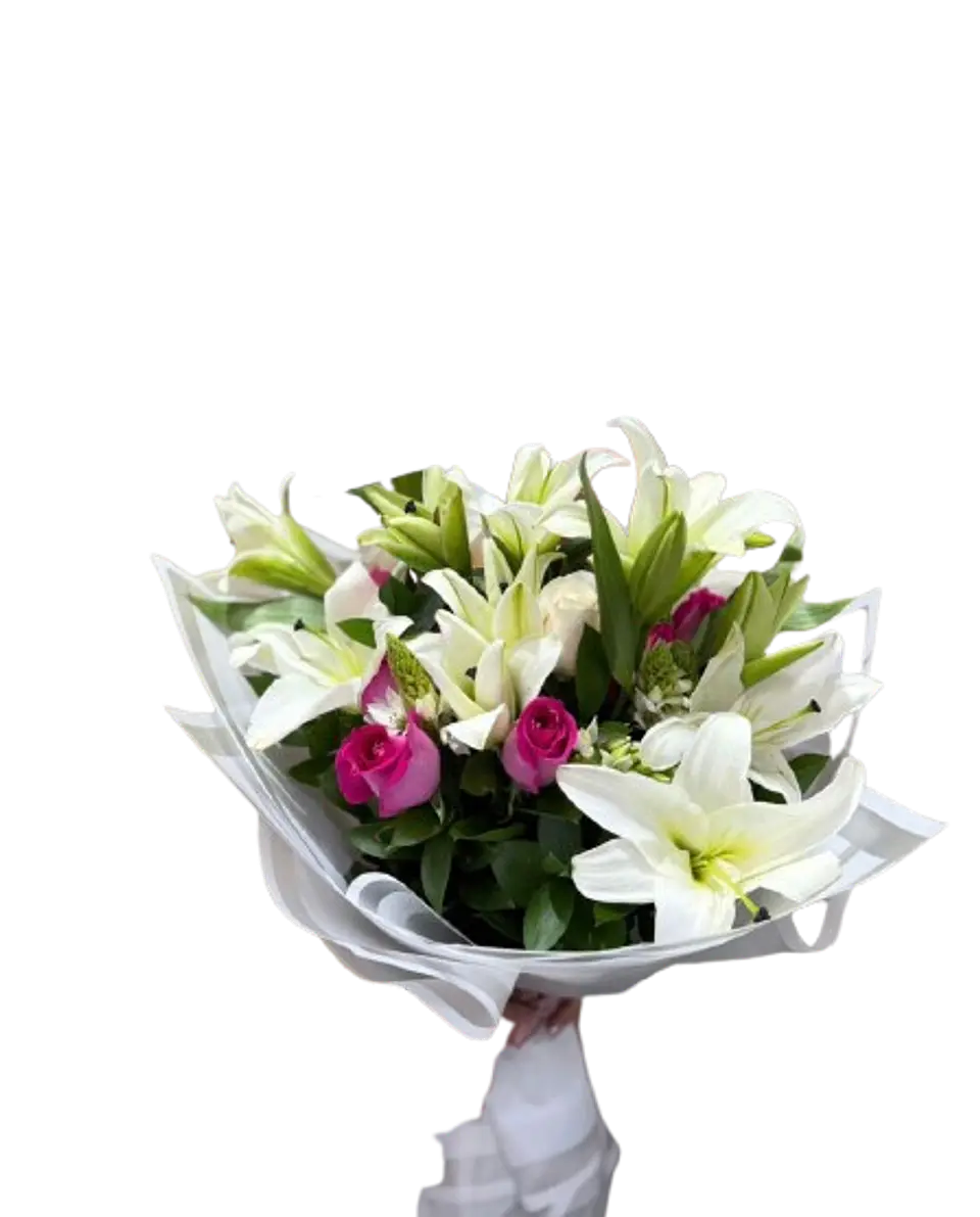 Bouquet de Lirios y Rosas con Follajes 1