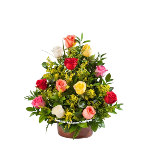 Arreglo de 12 Rosas de Colores y Follajes