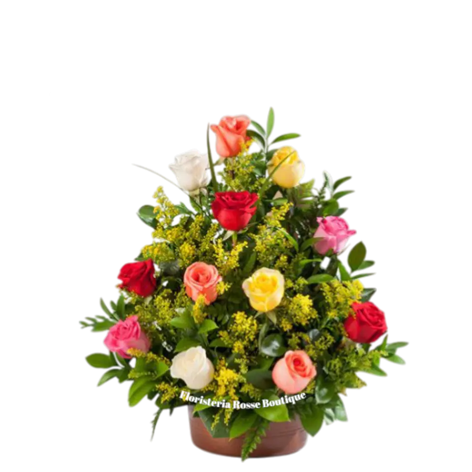 Arreglo de 12 Rosas de Colores y Follajes 1