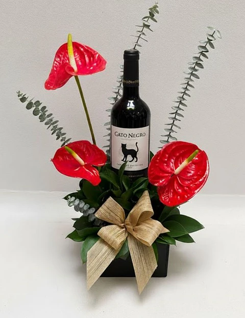 Arreglo con Vino Gato Negro y Anturios Rojos - Regalo para Hombre
