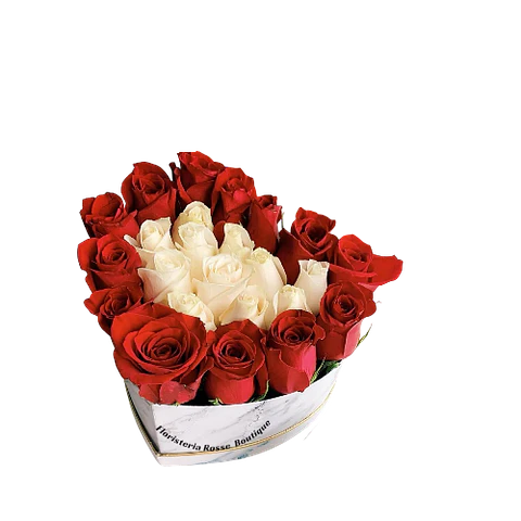 Caja Corazón de 12 Rosas Blancas y 12 Rosas Rojas