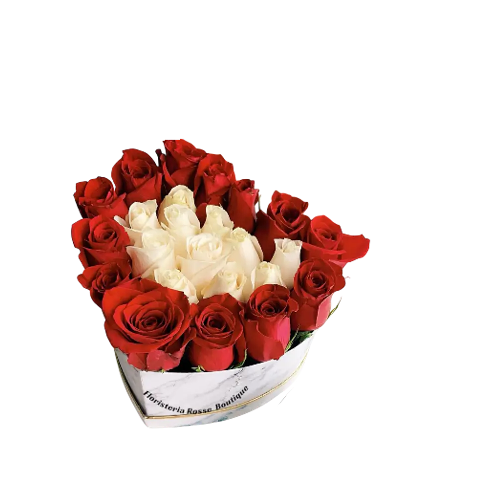 Caja Corazón de 12 Rosas Blancas y 12 Rosas Rojas 1