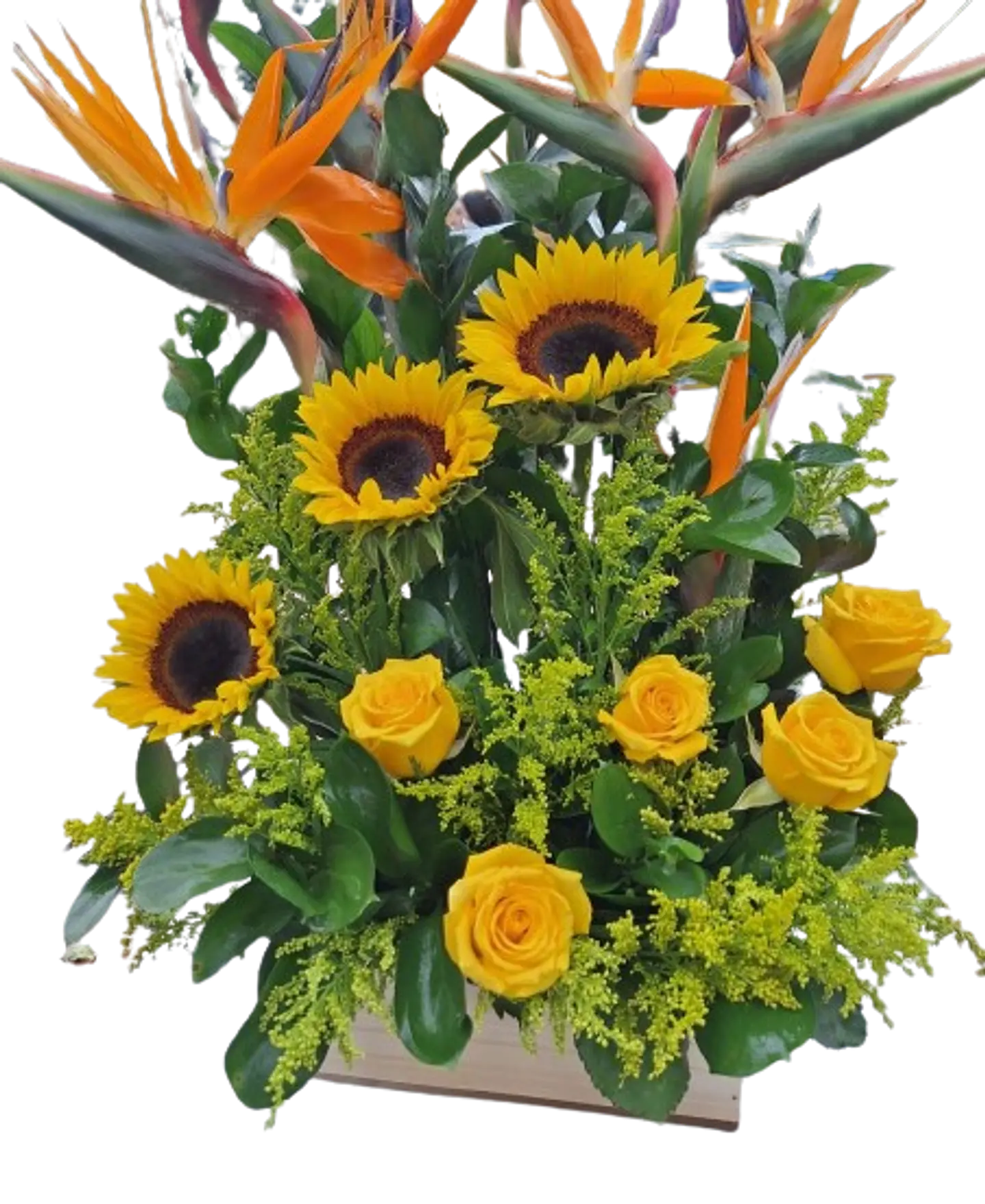 Arreglo de Girasoles, Aves de Paraíso y Rosa Amarilla 1