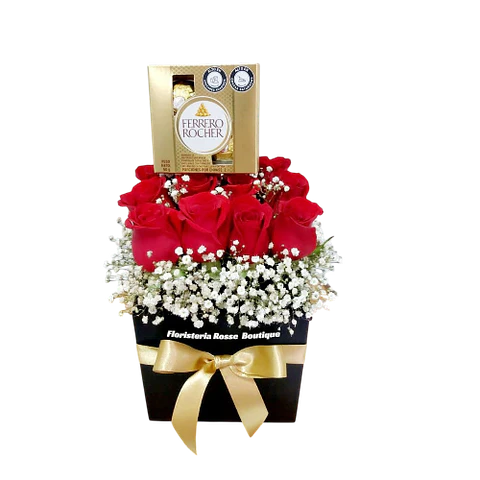 Caja Cuadrada de 12 Rosas Rojas y Chocolatesx4