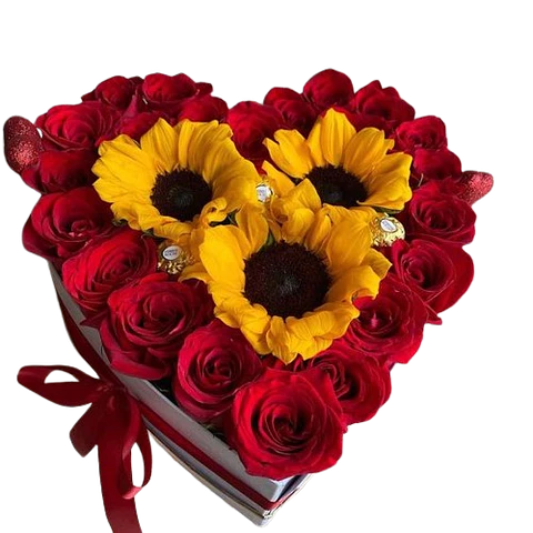 Caja Corazón con Rosas y Girasoles