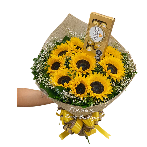 Bouquet de 10 Girasoles y Follajes con Chocolates X8