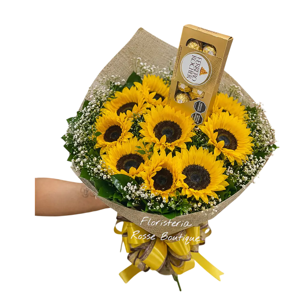 Bouquet de 10 Girasoles y Follajes con Chocolates X8 1