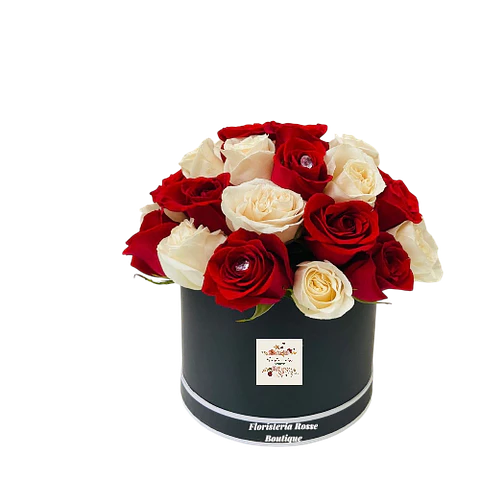 Caja Circular de 12 Rosas Rojas y 12 Rosas Blancas
