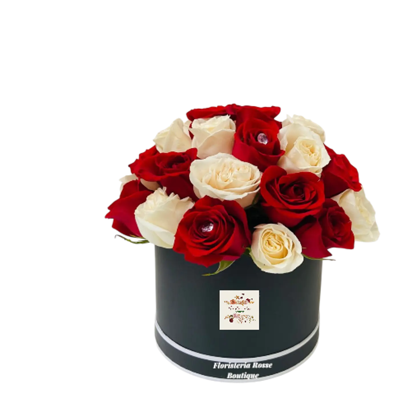 Caja Circular de 12 Rosas Rojas y 12 Rosas Blancas 1