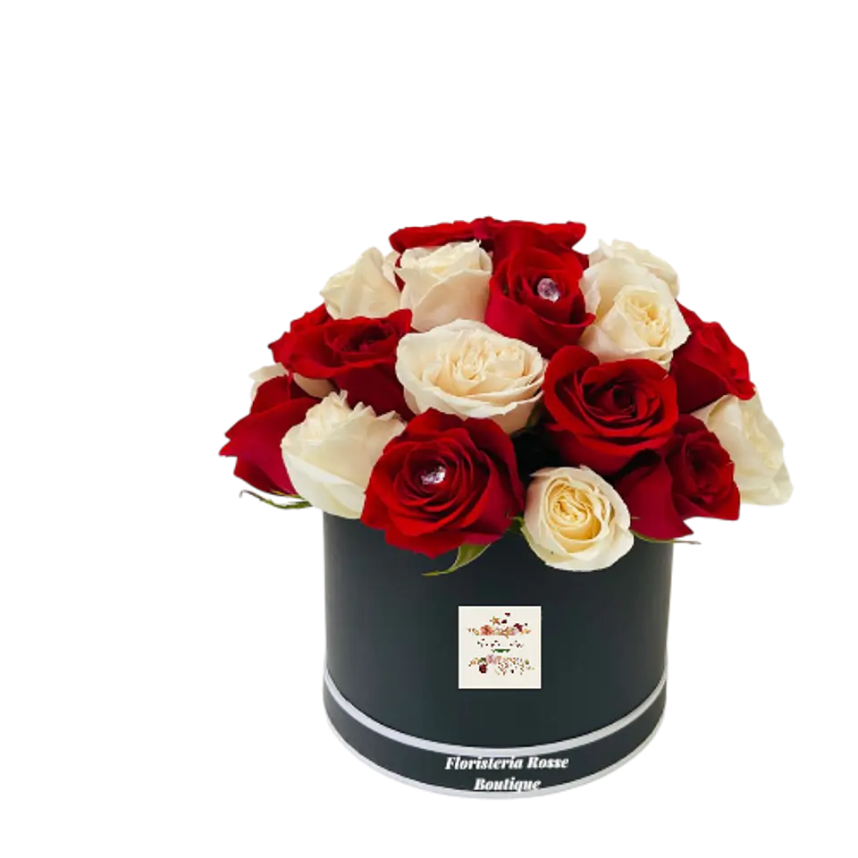 Caja Circular de 12 Rosas Rojas y 12 Rosas Blancas 1