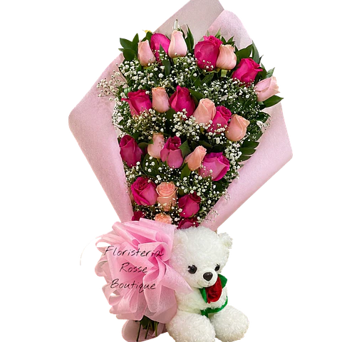 Bouquet de 24 Rosas Fucsias y Rosadas con Peluche