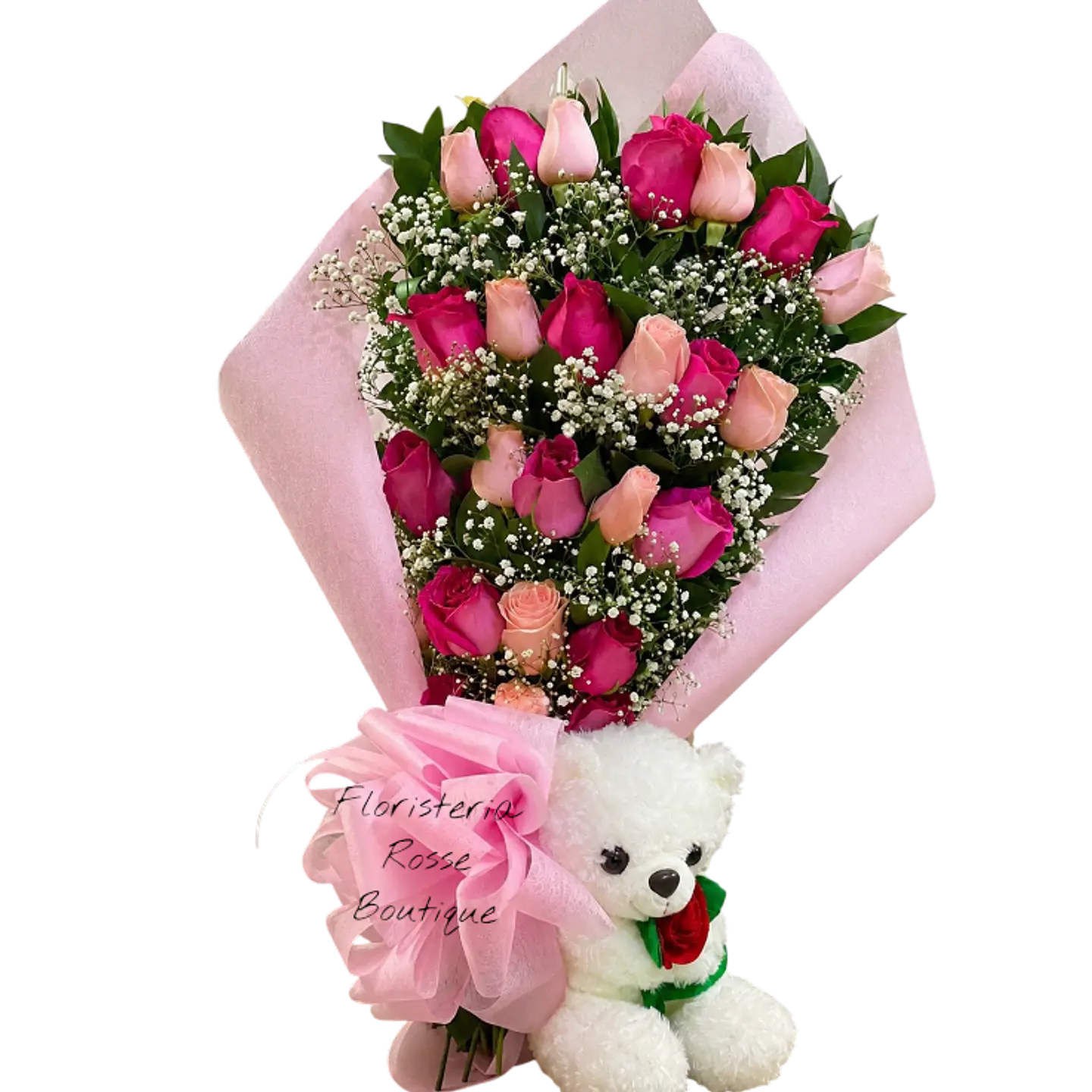 Bouquet de 24 Rosas Fucsias y Rosadas con Peluche 1