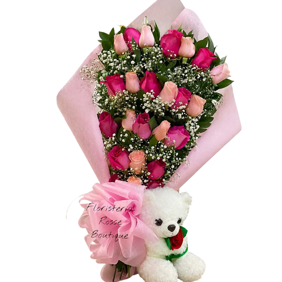 Bouquet de 24 Rosas Fucsias y Rosadas con Peluche 1