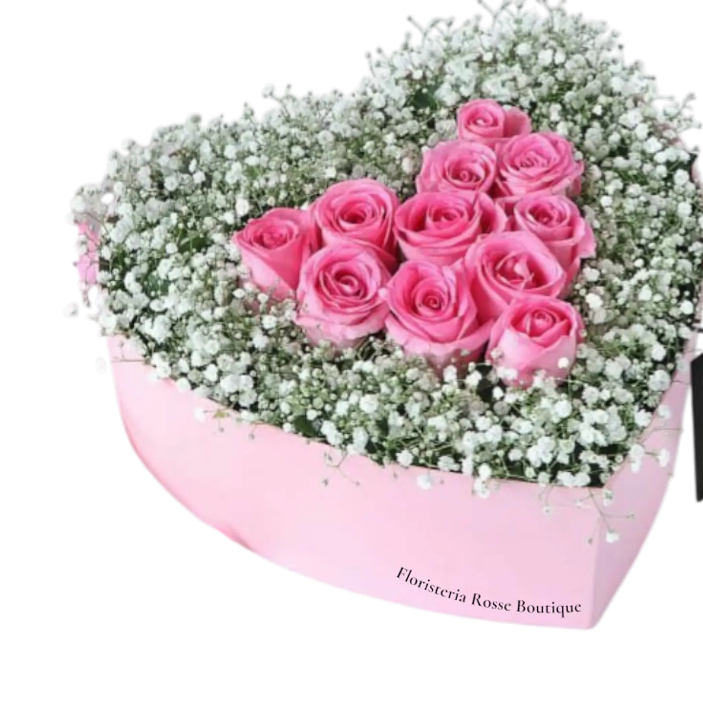 Caja Corazón con 12 Rosas Rosadas y Gypsophila 1