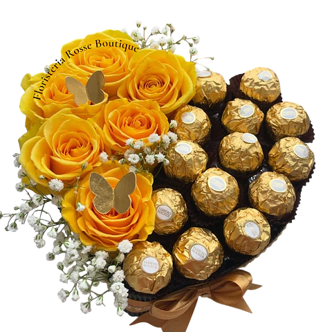 Caja Corazón de 6 Rosas Amarillas y 13 Chocolates