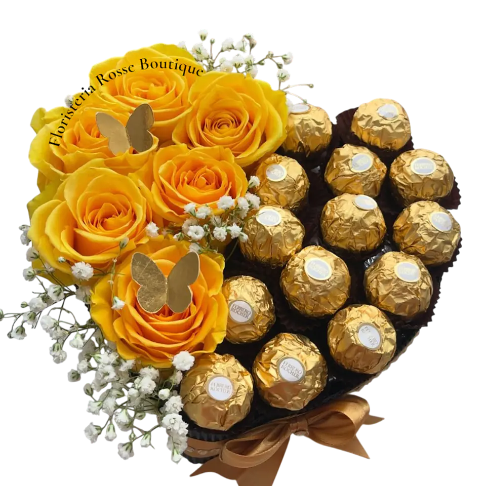 Caja Corazón de 6 Rosas Amarillas y 13 Chocolates 1
