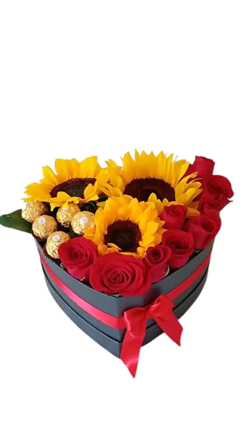 Caja de Girasoles, Rosas y Chocolates Ferreros