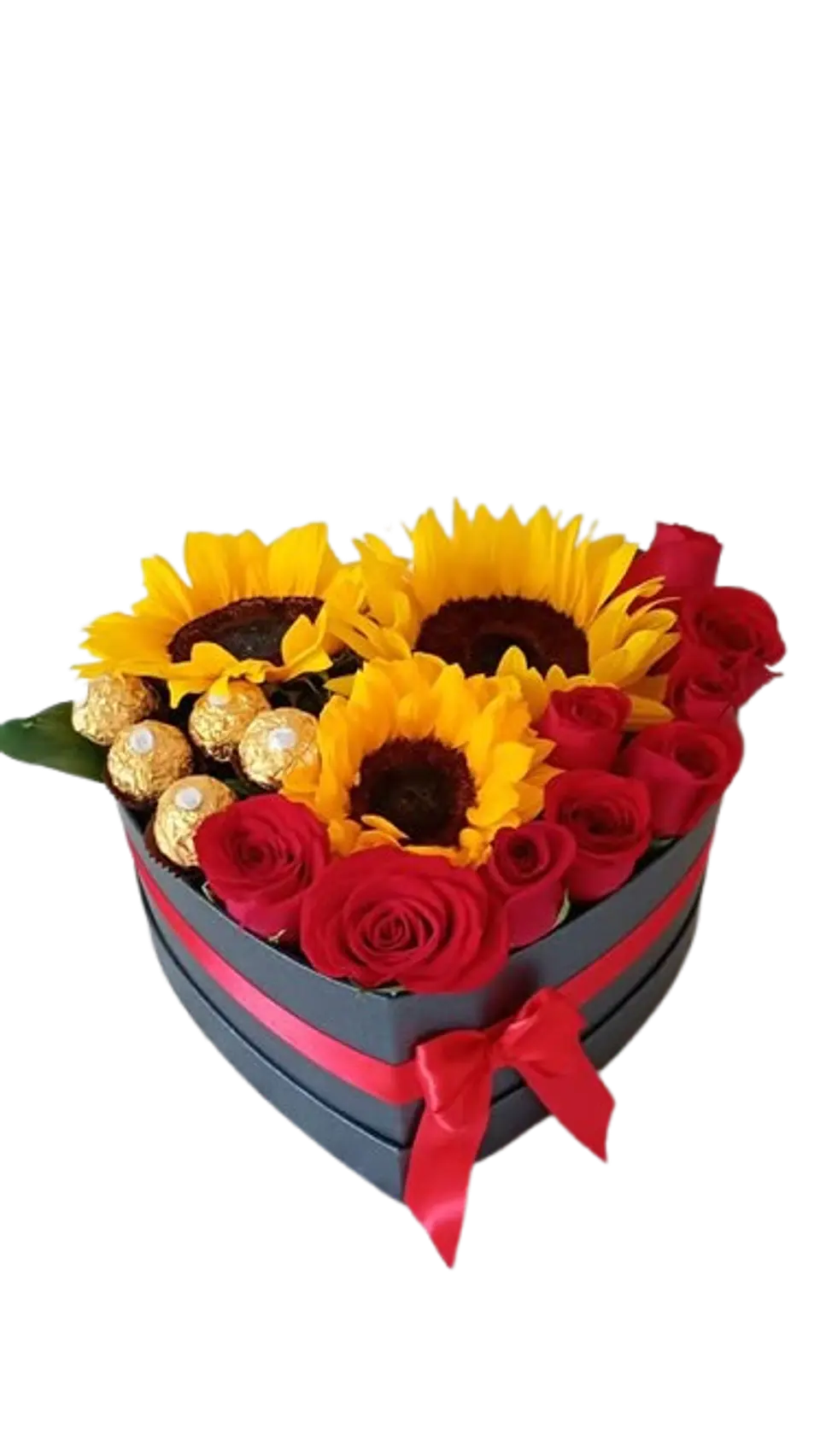 Caja de Girasoles, Rosas y Chocolates Ferreros 1