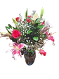 Jarrón de 6 Lirios y 12 Rosas Rosadas y Follajes - Miniatura 1