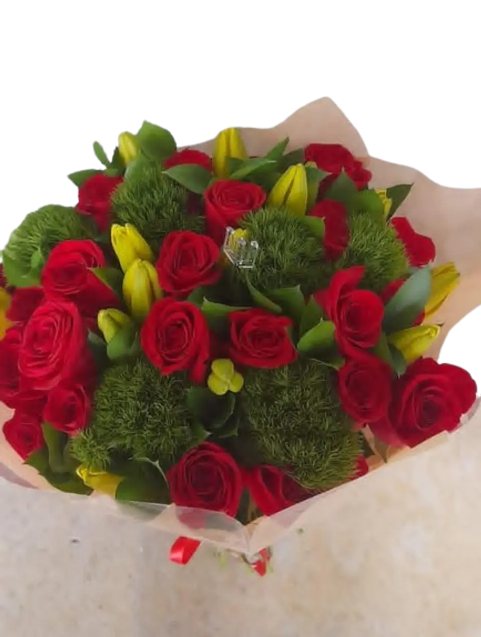 Bouquet de 3 Lirios Amarillo y 18 Rosas Rojas y Follaje 1