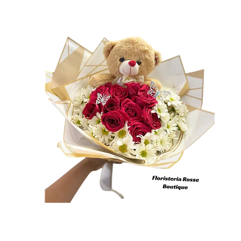 Bouquet de 12 Rosas Rojas con Margaritas Blancas y Peluche