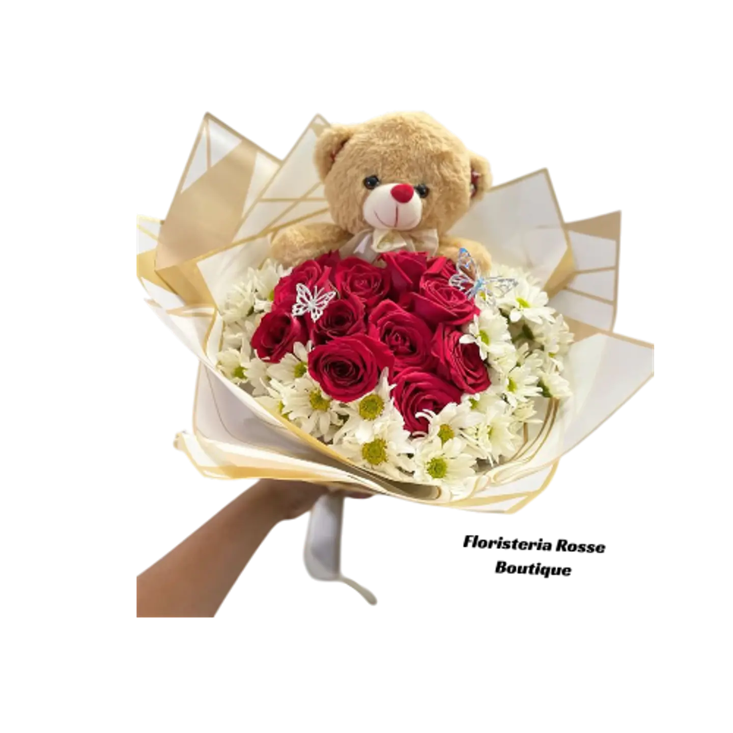 Bouquet de 12 Rosas Rojas con Margaritas Blancas y Peluche 1