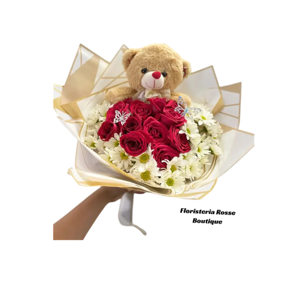 Bouquet de 12 Rosas Rojas con Margaritas Blancas y Peluche 1