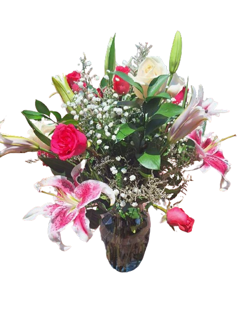 Jarrón de 6 Lirios y 12 Rosas Rosadas y Follajes