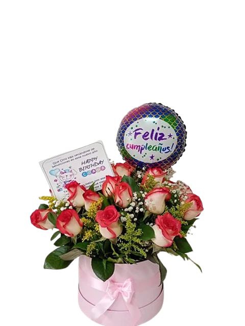 Caja de Rosas Rosadas y Globo
