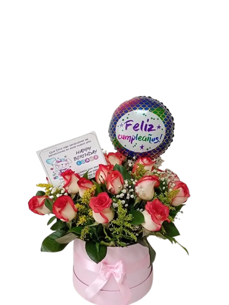 Caja de Rosas Rosadas y Globo 1