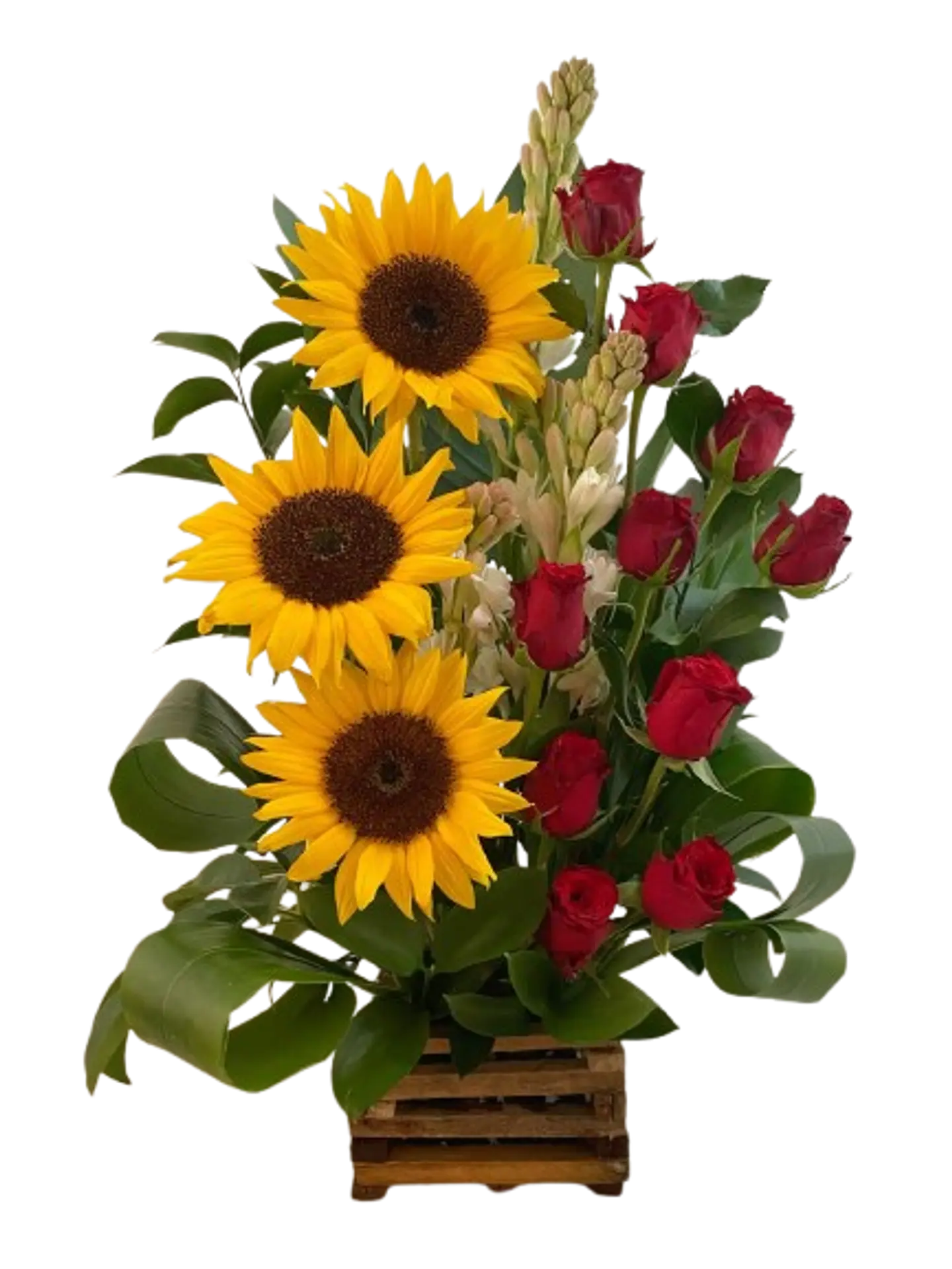 Arreglo de 12 Rosas Rojas y 3 Girasoles 1