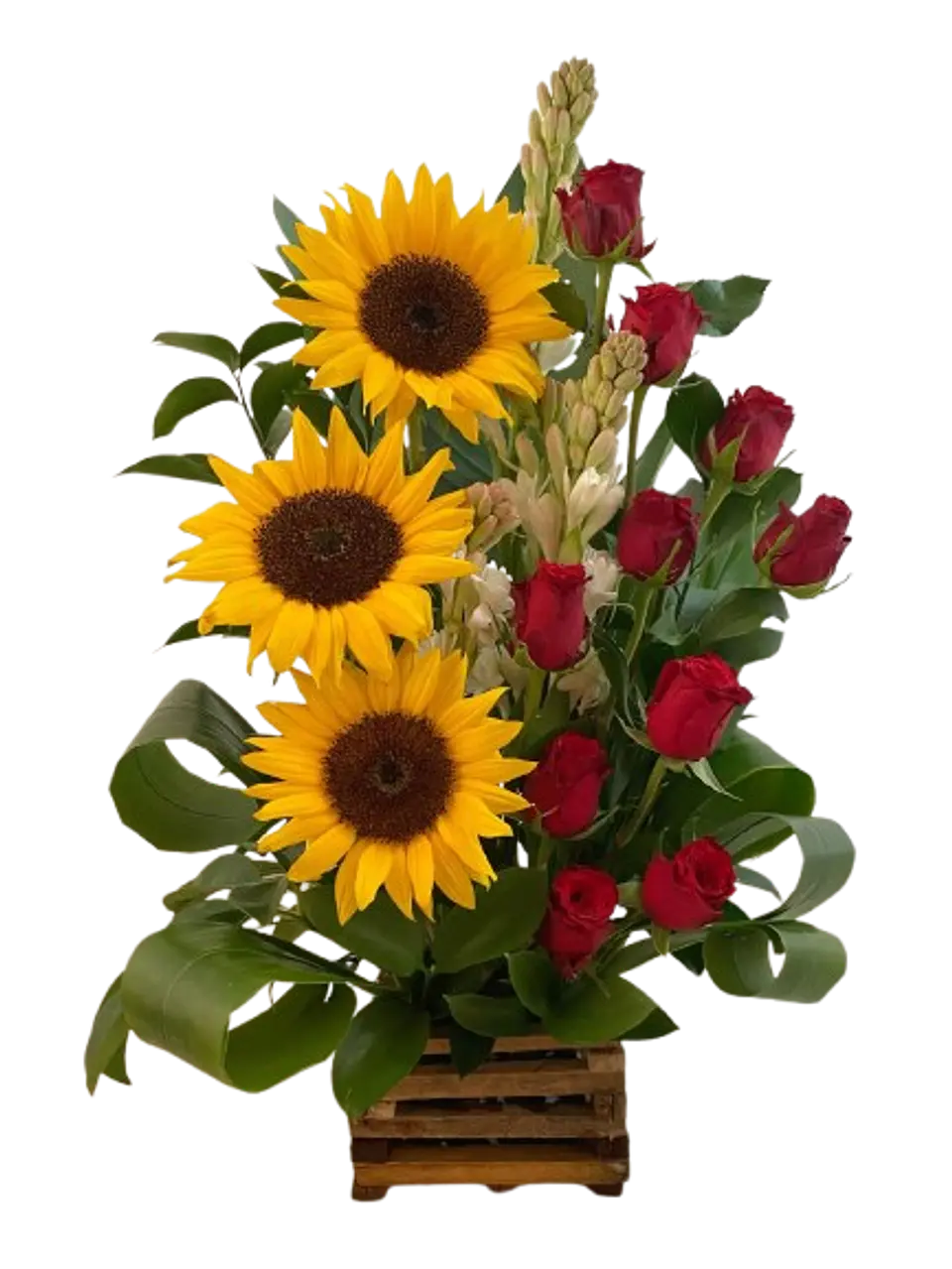 Arreglo de 12 Rosas Rojas y 3 Girasoles 1
