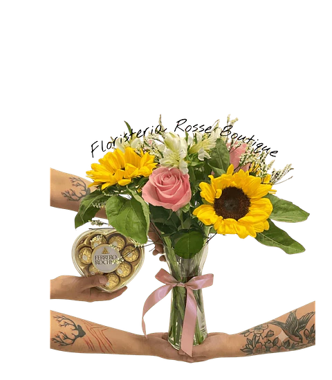 Jarrón de 3 Rosas Rosadas y 3 Girasoles Chocolatex8