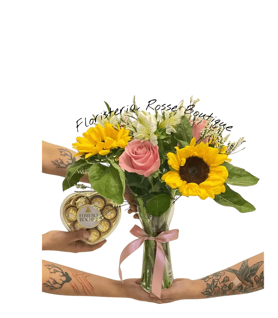 Jarrón de 3 Rosas Rosadas y 3 Girasoles Chocolatex8 1