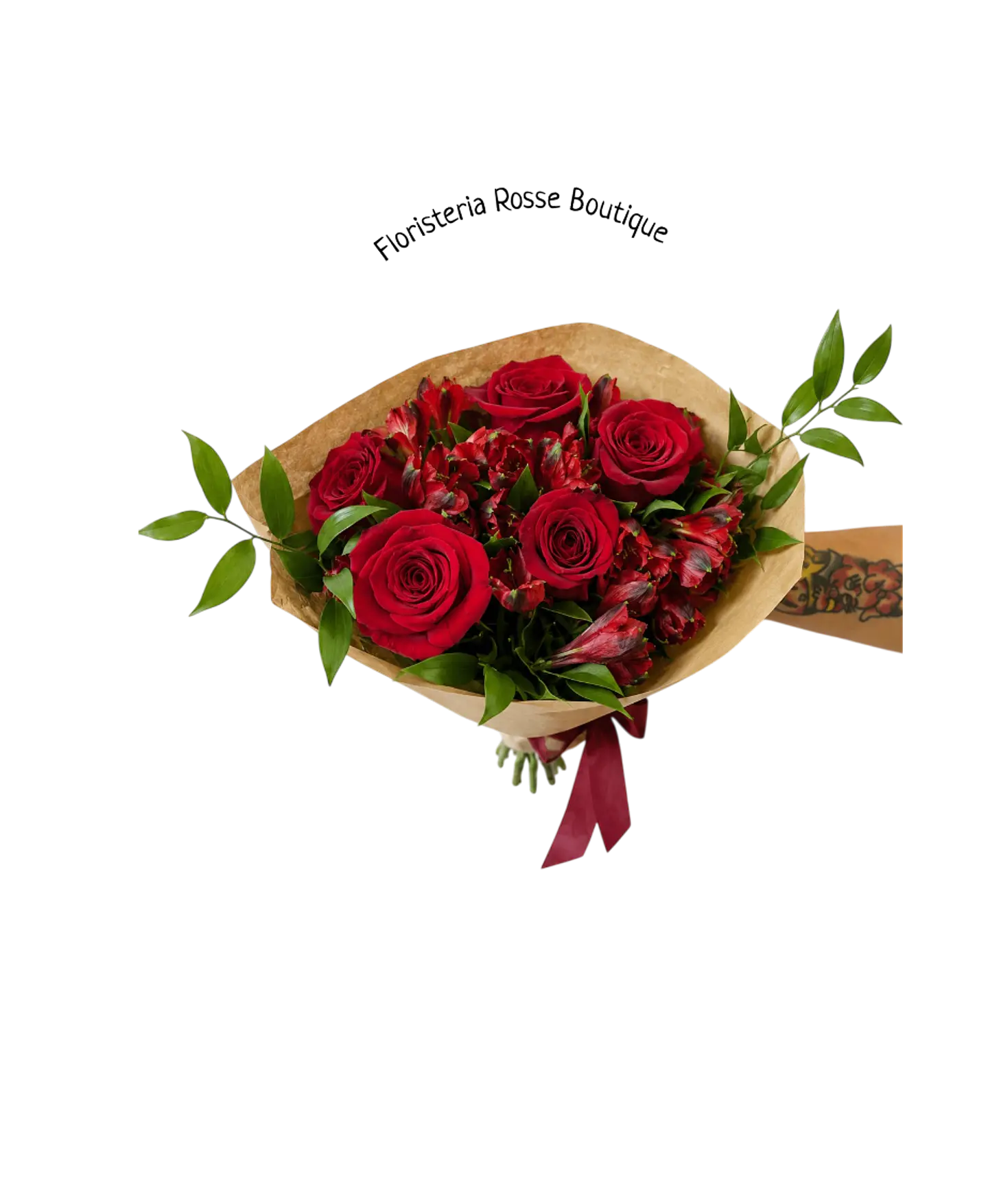 Bouquet de 5 Rosas Rojas y Astromelias Rojas 1