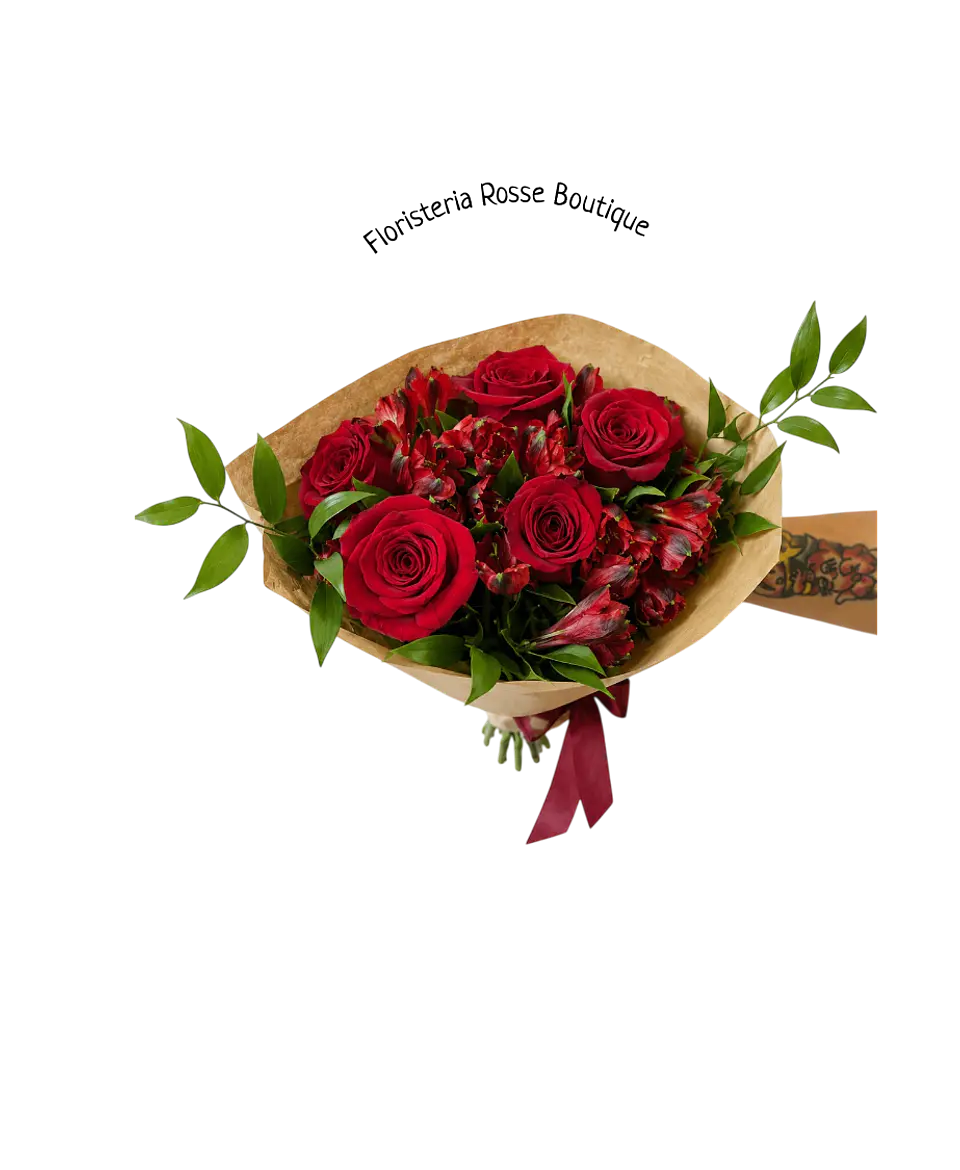 Bouquet de 5 Rosas Rojas y Astromelias Rojas 1