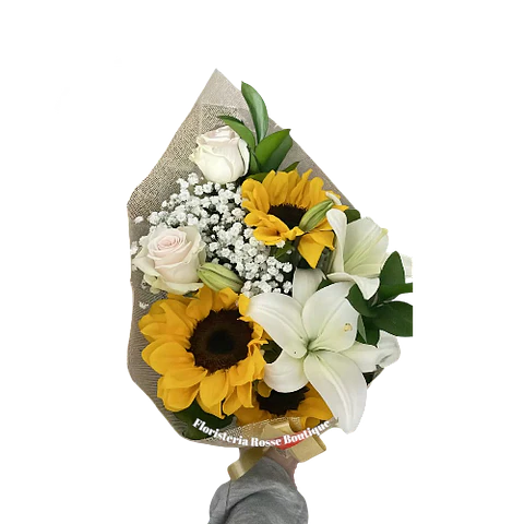 Bouquet de 3 Girasoles, 2 Rosas Blancas y 1 Lirio Blanco con Follaje