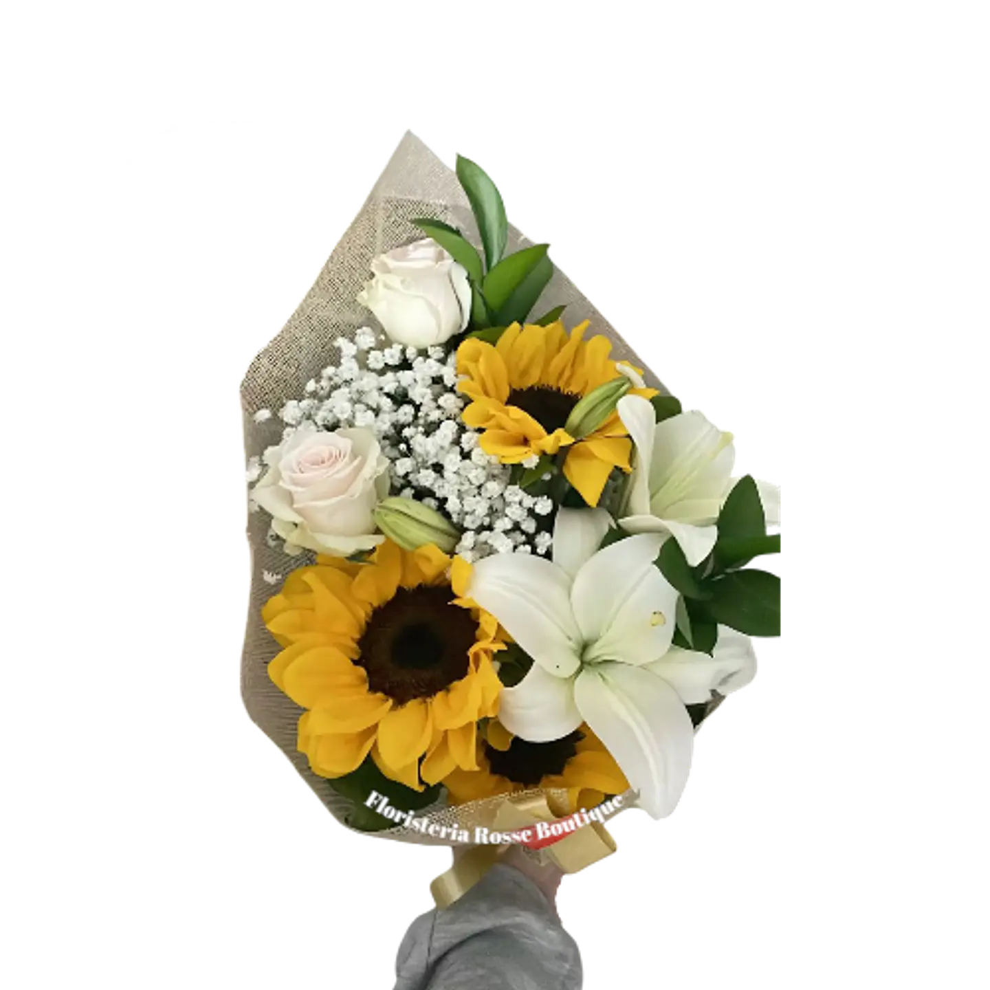 Bouquet de 3 Girasoles, 2 Rosas Blancas y 1 Lirio Blanco con Follaje 1