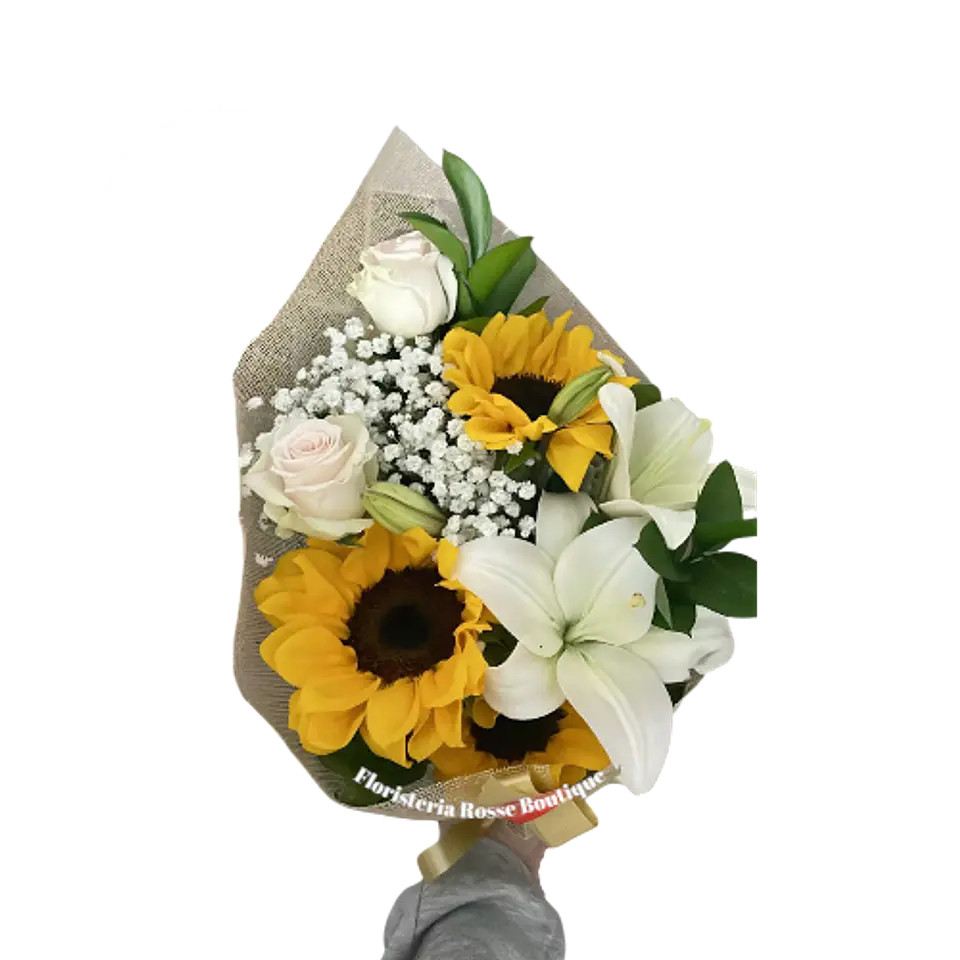 Bouquet de 3 Girasoles, 2 Rosas Blancas y 1 Lirio Blanco con Follaje 1